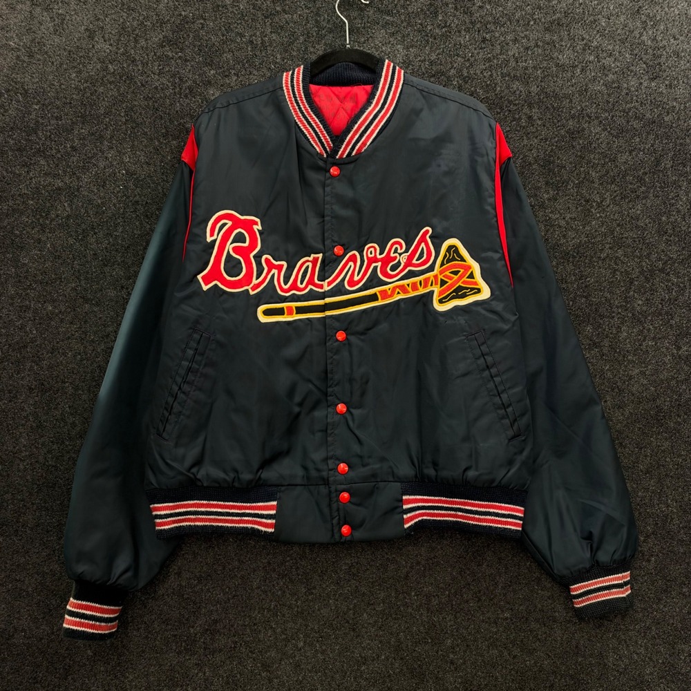 Vintage 80s Atlanta Braves MLB Dugout Jacket Navy Blue Satin Bomber Mens XL